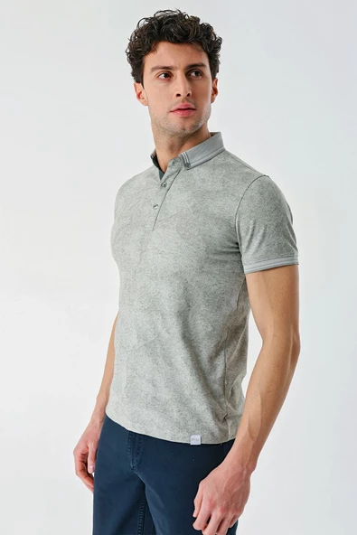 Koyu Haki Desenli Jakarlı Düğmeli Yaka Cepli Casual Slim Fit Dar Kesim Tişört 1011240176 - 4