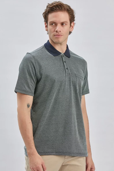 Koyu Yeşil Polo Yaka Cepli Garnili Pamuklu Comfort Fit Rahat Kesim Tişört 1011240183 - 3