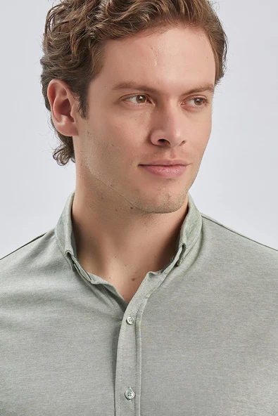 Koyu Haki Desenli Oxford Polo Yaka Cepli Pamuklu Casual Slim Fit Dar Kesim Tişört 1011240178 - 6