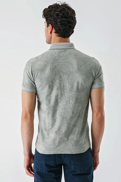 Koyu Haki Desenli Jakarlı Düğmeli Yaka Cepli Casual Slim Fit Dar Kesim Tişört 1011240176 - 8