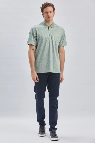Koyu Yeşil Polo Yaka Cepli Garnili Pamuklu Comfort Fit Rahat Kesim Tişört 1011240184