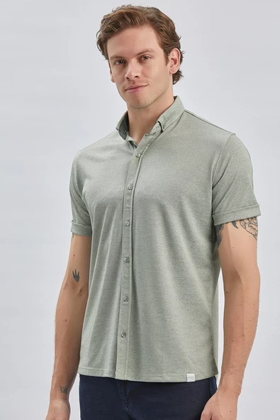 Koyu Haki Desenli Oxford Polo Yaka Cepli Pamuklu Casual Slim Fit Dar Kesim Tişört 1011240178 - 4