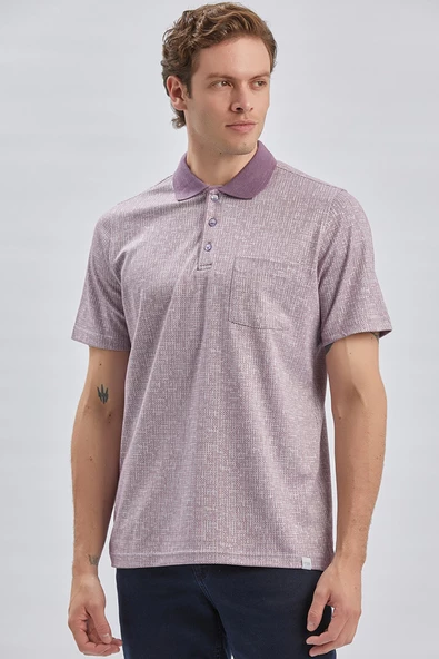 Lila Desenli Jakarlı Polo Yaka Cepli Garnili Pamuklu Comfort Fit Rahat Kesim Tişört 1011240184 - Resim 4