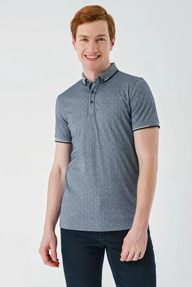 Koyu Lacivert Baskılı Oxford Düğmeli Yaka Cepli Pamuklu Casual Slim Fit Dar Kesim Tişört 1011240177 ürün görseli