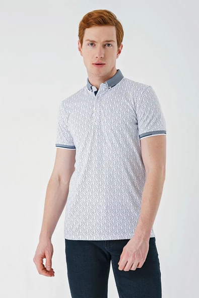 Beyaz Baskılı Oxford Düğmeli Yaka Cepli Pamuklu Casual Slim Fit Dar Kesim Tişört 1011240177 - Resim 4