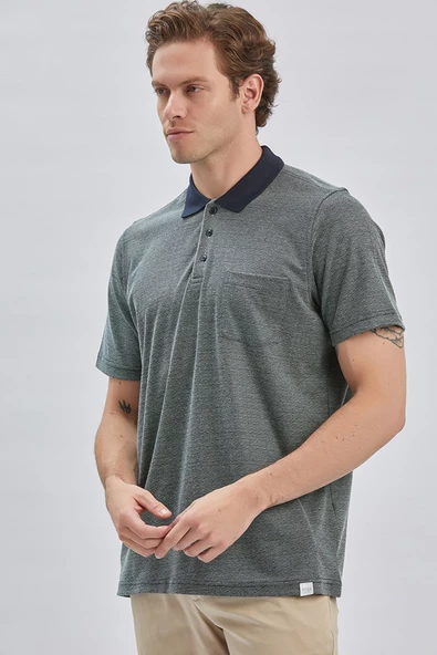 Koyu Yeşil Polo Yaka Cepli Garnili Pamuklu Comfort Fit Rahat Kesim Tişört 1011240183 - 4