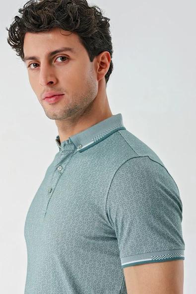 Koyu Vizon Baskılı Oxford Düğmeli Yaka Cepli Pamuklu Casual Slim Fit Dar Kesim Tişört 1011240177 - Resim 6