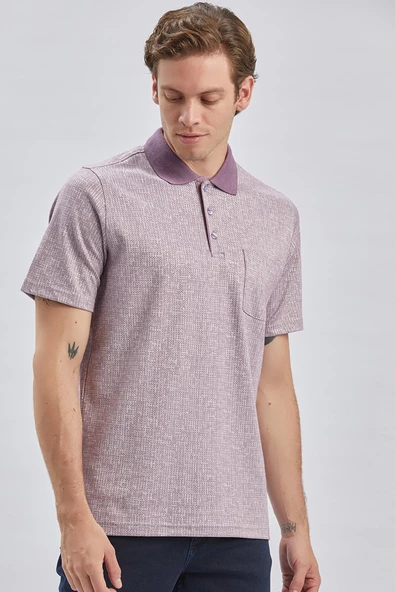 Lila Desenli Jakarlı Polo Yaka Cepli Garnili Pamuklu Comfort Fit Rahat Kesim Tişört 1011240184 - Resim 3