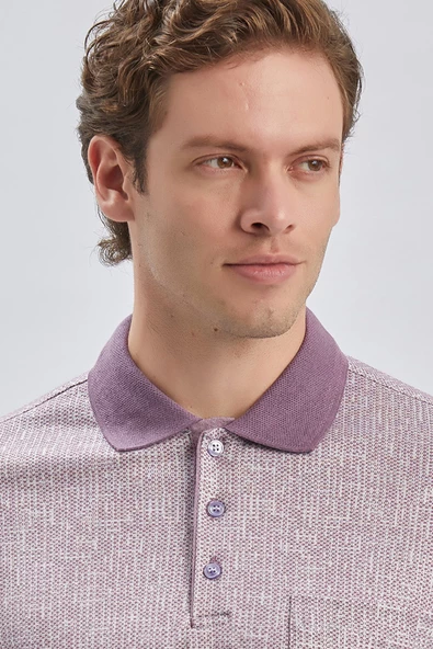 Lila Desenli Jakarlı Polo Yaka Cepli Garnili Pamuklu Comfort Fit Rahat Kesim Tişört 1011240184 - Resim 6