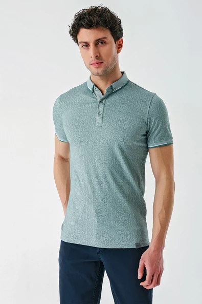 Koyu Vizon Baskılı Oxford Düğmeli Yaka Cepli Pamuklu Casual Slim Fit Dar Kesim Tişört 1011240177 - Resim 3