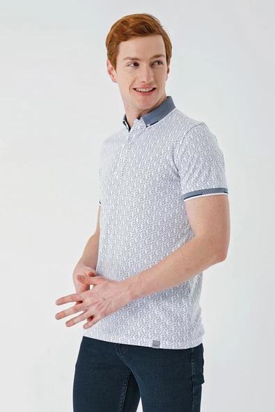 Beyaz Baskılı Oxford Düğmeli Yaka Cepli Pamuklu Casual Slim Fit Dar Kesim Tişört 1011240177 - Resim 3