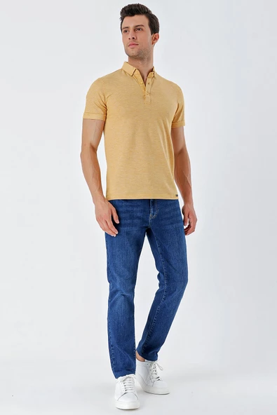 Hardal Kısa Kollu Armürlü Düğmeli Yaka Klasik Slim Fit Dar Kesim T-Shirt 1011230165