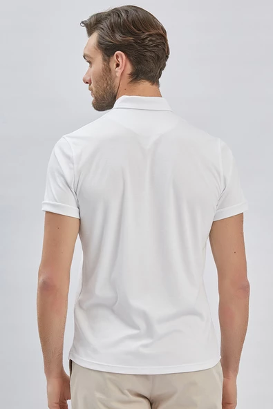 Beyaz Desenli Oxford Polo Yaka Cepli Pamuklu Casual Slim Fit Dar Kesim Tişört 1011240178 - Resim 5