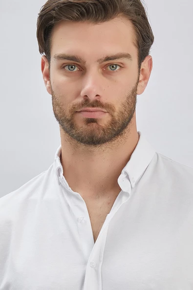 Beyaz Desenli Oxford Polo Yaka Cepli Pamuklu Casual Slim Fit Dar Kesim Tişört 1011240178 - Resim 6