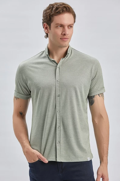 Koyu Haki Desenli Oxford Polo Yaka Cepli Pamuklu Casual Slim Fit Dar Kesim Tişört 1011240178 - 3