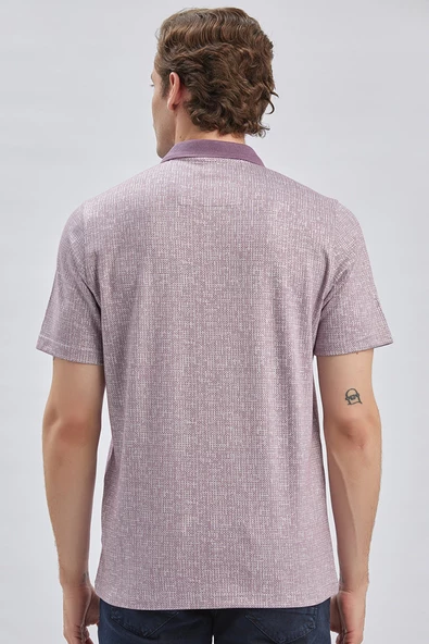 Lila Desenli Jakarlı Polo Yaka Cepli Garnili Pamuklu Comfort Fit Rahat Kesim Tişört 1011240184 - Resim 5