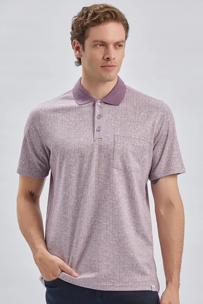 Lila Desenli Jakarlı Polo Yaka Cepli Garnili Pamuklu Comfort Fit Rahat Kesim Tişört 1011240184 - Resim 2