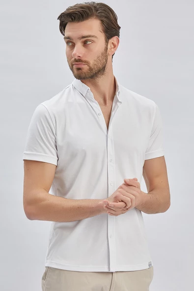 Beyaz Desenli Oxford Polo Yaka Cepli Pamuklu Casual Slim Fit Dar Kesim Tişört 1011240178 - Resim 2