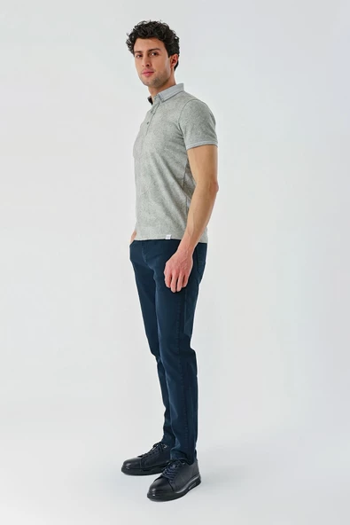 Koyu Haki Desenli Jakarlı Düğmeli Yaka Cepli Casual Slim Fit Dar Kesim Tişört 1011240176 - 7
