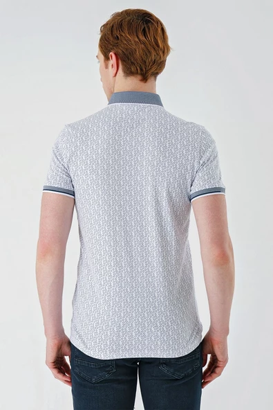 Beyaz Baskılı Oxford Düğmeli Yaka Cepli Pamuklu Casual Slim Fit Dar Kesim Tişört 1011240177 - Resim 2