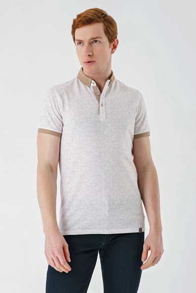 Taş Rengi Baskılı Jakarlı Düğmeli Yaka Cepli Casual Slim Fit Dar Kesim Tişört 1011240173 - Resim 3
