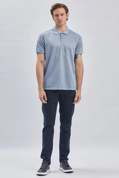 Koyu Mavi Desenli Jakarlı Polo Yaka Cepli Klasik Comfort Fit Rahat Kesim Tişört 1011240170
