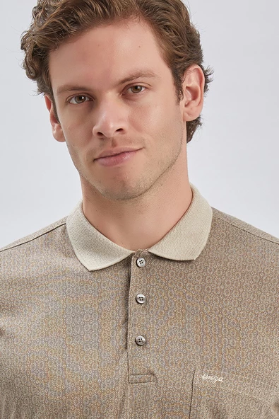 Taş Rengi Desenli Jakarlı Polo Yaka Cepli Klasik Comfort Fit Rahat Kesim Tişört 1011240172 - Resim 6