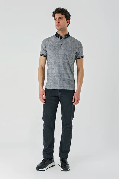 Siyah Desenli Jakarlı Düğmeli Yaka Cepli Casual Slim Fit Dar Kesim Tişört 1011240174 - Resim 7