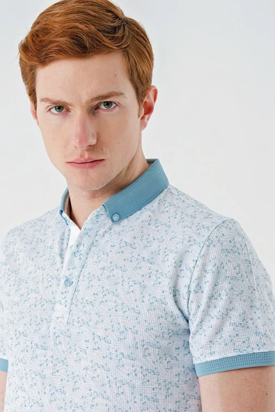 Açık Yeşil Baskılı Jakarlı Düğmeli Yaka Cepli Casual Slim Fit Dar Kesim Tişört 1011240173 - 6
