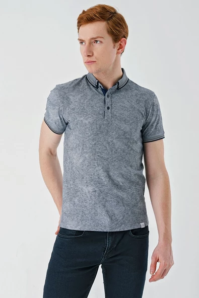 Koyu Lacivert Desenli Jakarlı Düğmeli Yaka Cepli Casual Slim Fit Dar Kesim Tişört 1011240176 - Resim 5