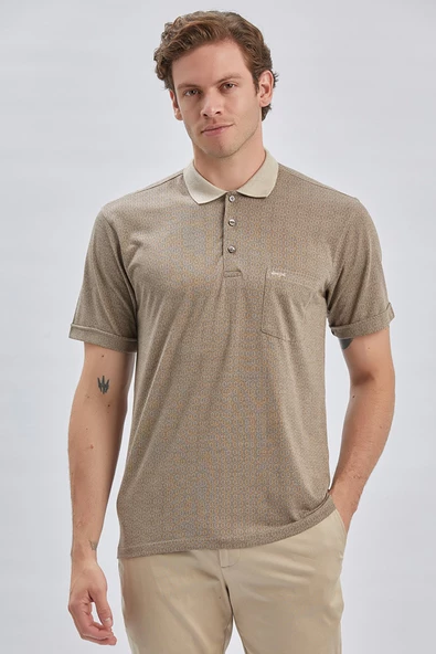 Taş Rengi Desenli Jakarlı Polo Yaka Cepli Klasik Comfort Fit Rahat Kesim Tişört 1011240172 - Resim 2