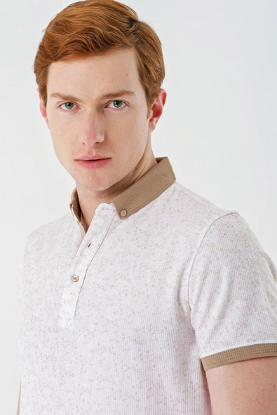 Taş Rengi Baskılı Jakarlı Düğmeli Yaka Cepli Casual Slim Fit Dar Kesim Tişört 1011240173 - Resim 7
