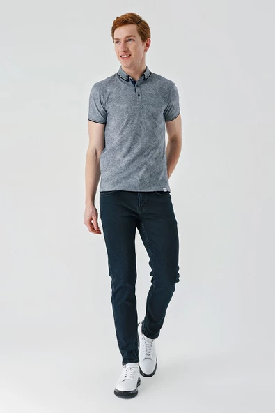 Koyu Lacivert Desenli Jakarlı Düğmeli Yaka Cepli Casual Slim Fit Dar Kesim Tişört 1011240176 - Resim 6