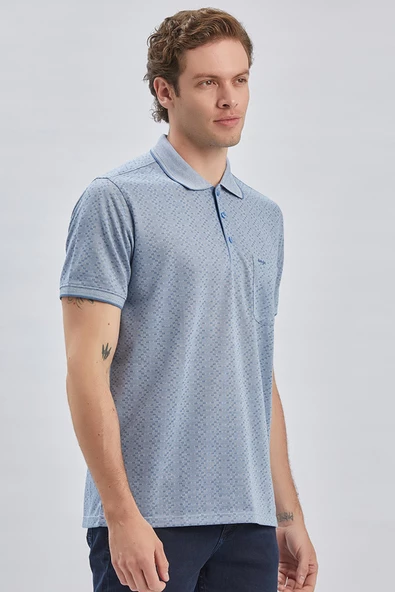 Koyu Mavi Desenli Jakarlı Polo Yaka Cepli Klasik Comfort Fit Rahat Kesim Tişört 1011240170 - 2
