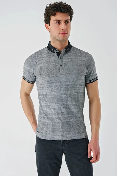 Siyah Desenli Jakarlı Düğmeli Yaka Cepli Casual Slim Fit Dar Kesim Tişört 1011240174 - Resim 3