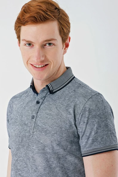 Koyu Lacivert Desenli Jakarlı Düğmeli Yaka Cepli Casual Slim Fit Dar Kesim Tişört 1011240176 - Resim 2