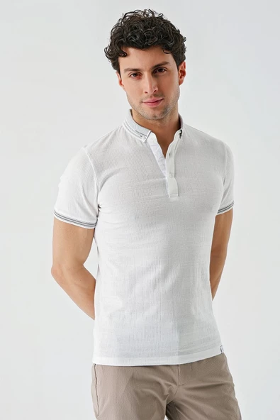 Beyaz Desenli Jakarlı Düğmeli Yaka Cepli Casual Slim Fit Dar Kesim Tişört 1011240174 - 10