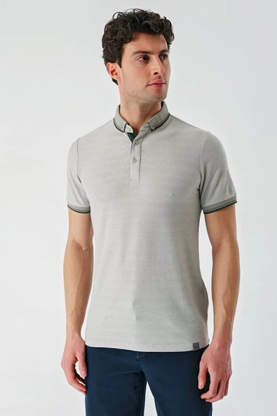 Taş Rengi Desenli Jakarlı Düğmeli Yaka Cepli Casual Slim Fit Dar Kesim Tişört 1011240175 - Resim 3