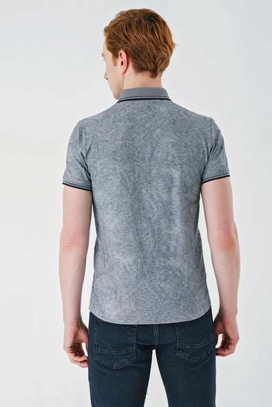 Koyu Lacivert Desenli Jakarlı Düğmeli Yaka Cepli Casual Slim Fit Dar Kesim Tişört 1011240176 - Resim 4