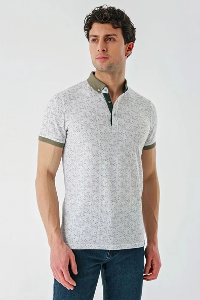 Koyu Haki Baskılı Jakarlı Düğmeli Yaka Cepli Casual Slim Fit Dar Kesim Tişört 1011240173 - 3
