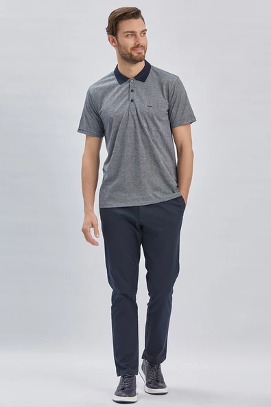 Koyu Lacivert Desenli Jakarlı Polo Yaka Cepli Klasik Comfort Fit Rahat Kesim Tişört 1011240172