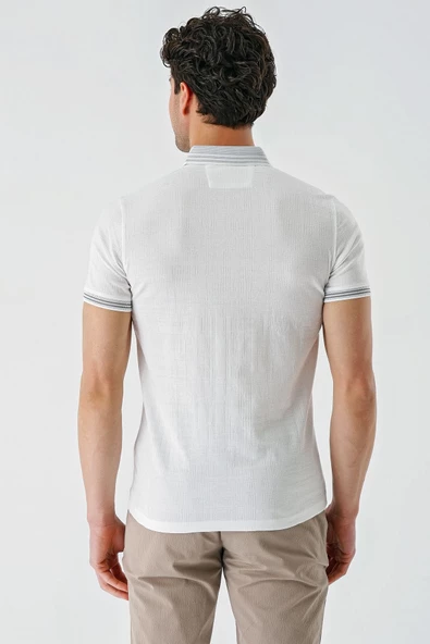 Beyaz Desenli Jakarlı Düğmeli Yaka Cepli Casual Slim Fit Dar Kesim Tişört 1011240174 - 7