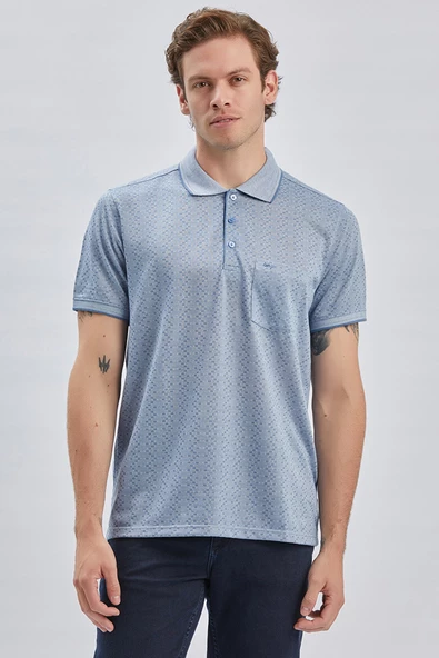 Koyu Mavi Desenli Jakarlı Polo Yaka Cepli Klasik Comfort Fit Rahat Kesim Tişört 1011240170 - 4