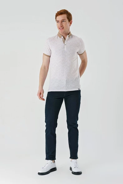 Taş Rengi Baskılı Jakarlı Düğmeli Yaka Cepli Casual Slim Fit Dar Kesim Tişört 1011240173 - Resim 6