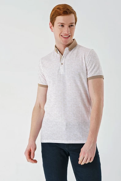 Taş Rengi Baskılı Jakarlı Düğmeli Yaka Cepli Casual Slim Fit Dar Kesim Tişört 1011240173 - Resim 4