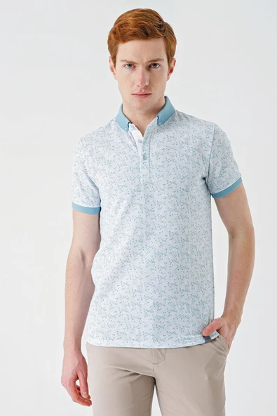 Açık Yeşil Baskılı Jakarlı Düğmeli Yaka Cepli Casual Slim Fit Dar Kesim Tişört 1011240173