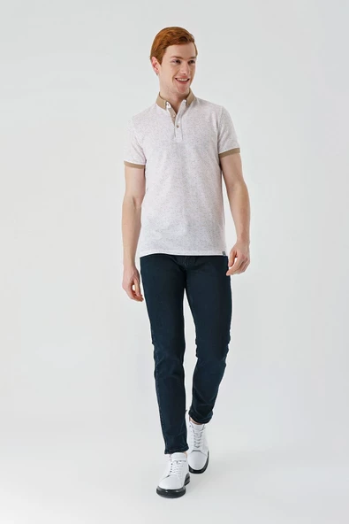 Taş Rengi Baskılı Jakarlı Düğmeli Yaka Cepli Casual Slim Fit Dar Kesim Tişört 1011240173 - Resim 5