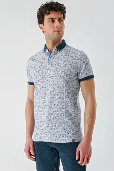 Koyu Lacivert Baskılı Jakarlı Düğmeli Yaka Cepli Casual Slim Fit Dar Kesim Tişört 1011240173 - 5