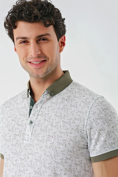 Koyu Haki Baskılı Jakarlı Düğmeli Yaka Cepli Casual Slim Fit Dar Kesim Tişört 1011240173 - 6