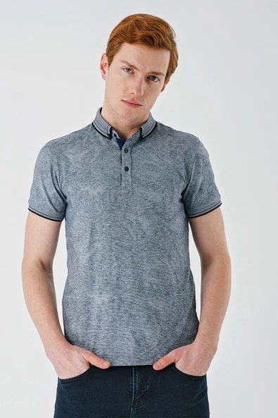 Koyu Lacivert Desenli Jakarlı Düğmeli Yaka Cepli Casual Slim Fit Dar Kesim Tişört 1011240176 ürün görseli 1